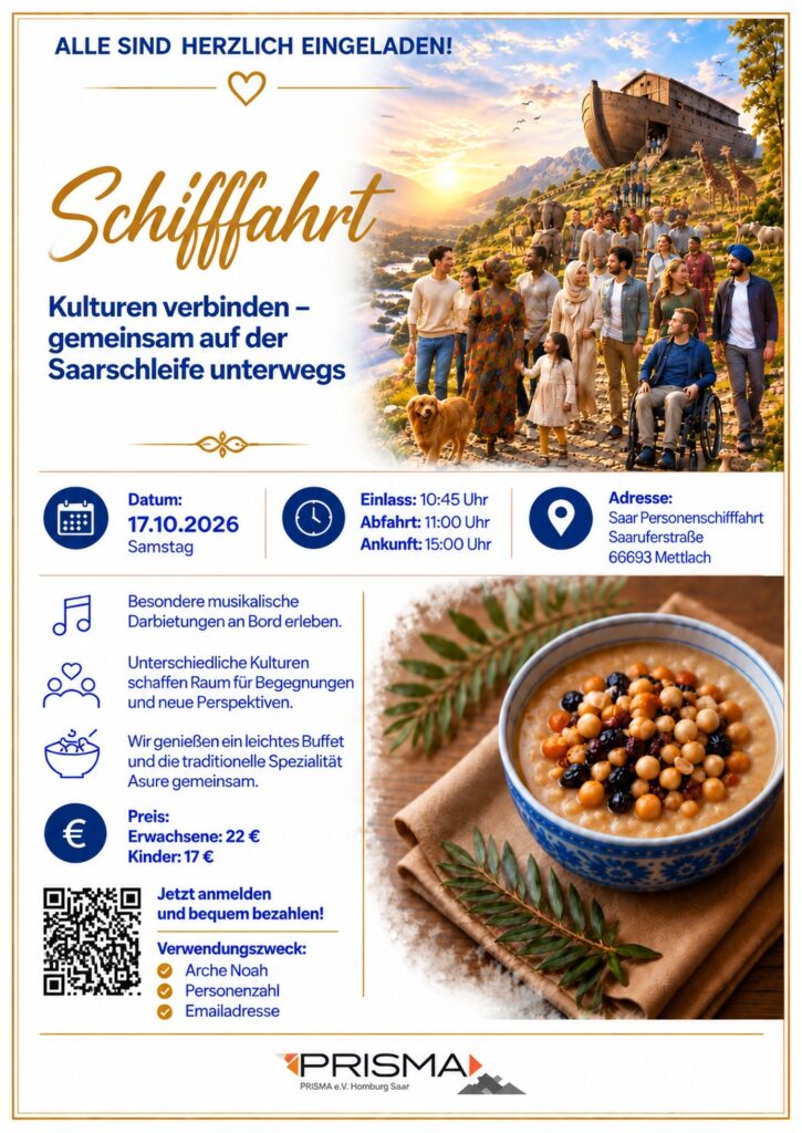 Plakat zur Schifffahrt am 17. Oktober 2026 auf der Saarschleife – Kulturen verbinden, PRISMA e. V. Homburg Saar